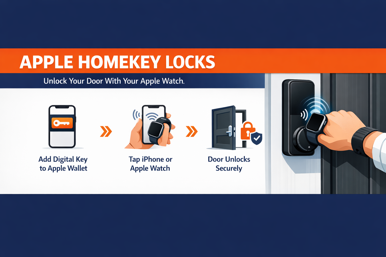 Apple HomeKey locks infographic showing how to unlock a smart deadbolt with an Apple Watch