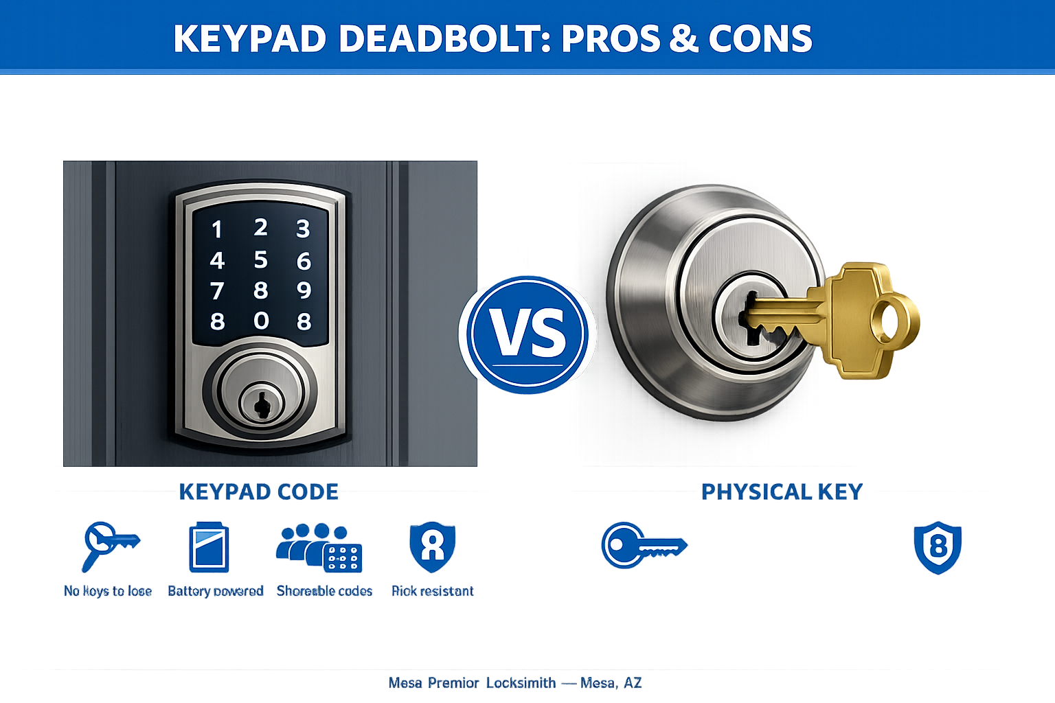 Keypad deadbolt vs traditional key comparison infographic banner for Mesa Premier Locksmith