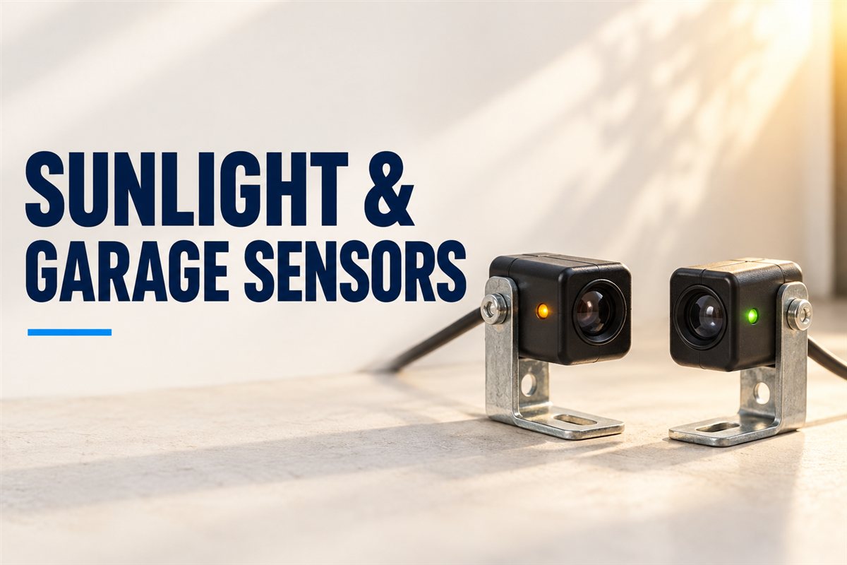Two garage door safety sensors beside the words Sunlight & Garage Sensors
