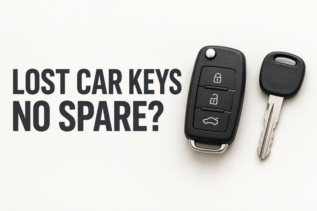 Unbranded car key and key fob beside the words Lost Car Keys No Spare?